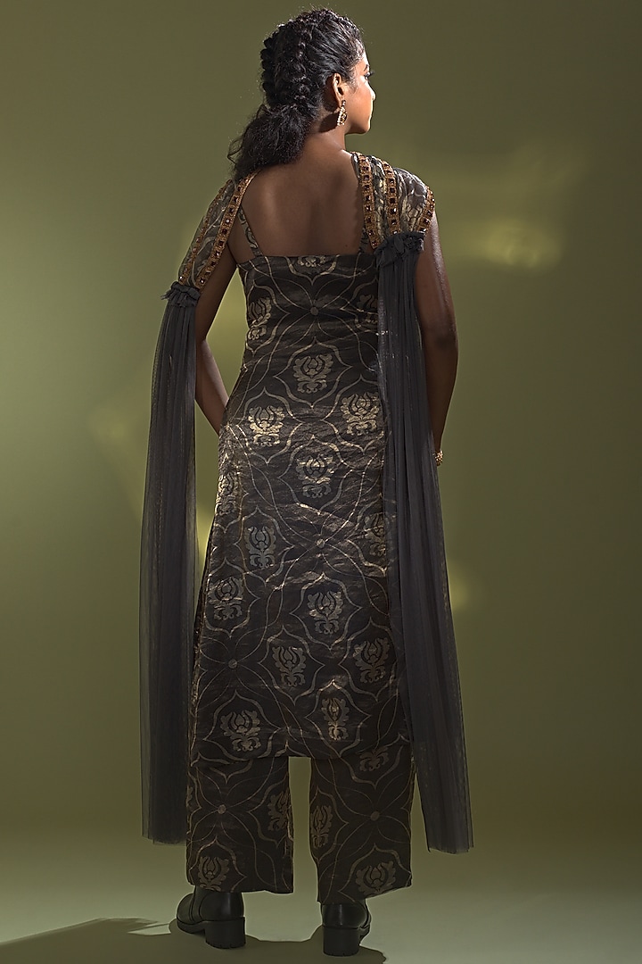 Deep Blue Banarasi Tissue Silk Printed Kurta Set by AURUL at Pernia's Pop Up Shop