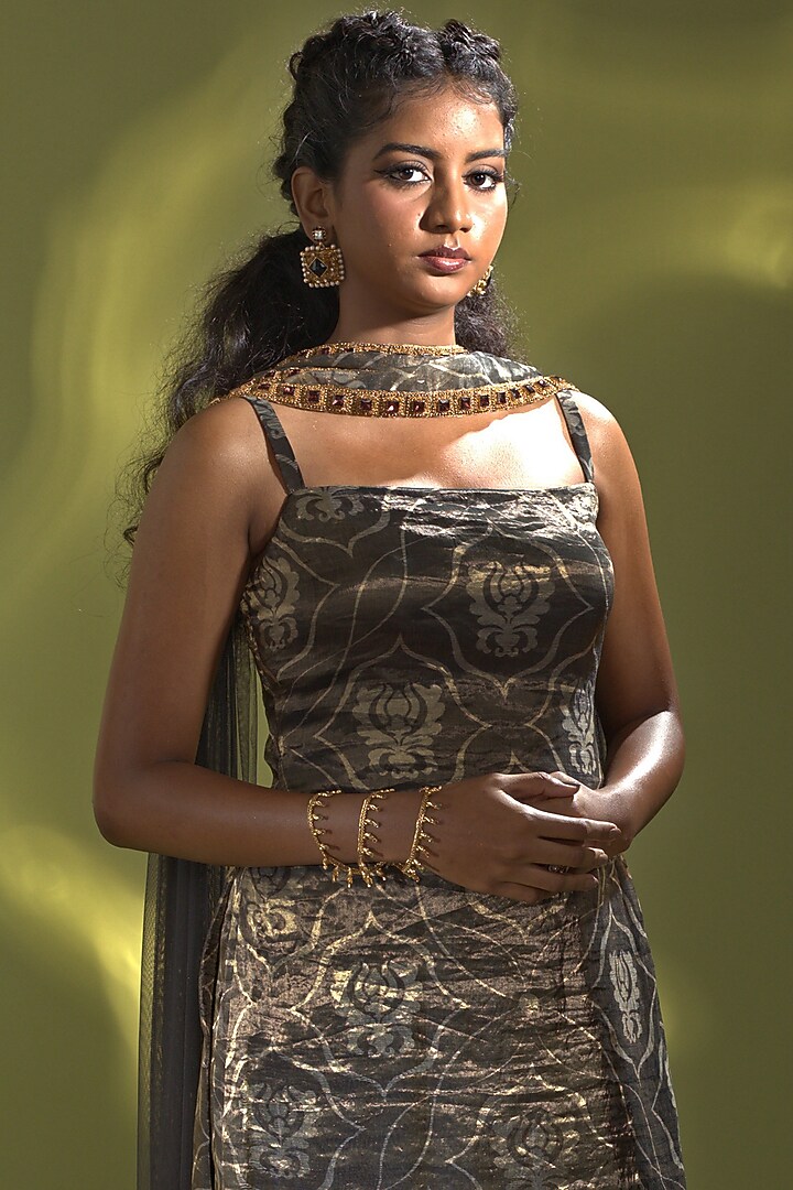 Deep Blue Banarasi Tissue Silk Printed Kurta Set by AURUL at Pernia's Pop Up Shop