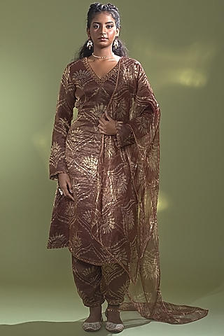 Rust Banarasi Tissue Silk & Moonga Silk Kurta Set by AURUL