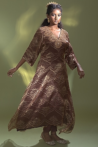 Rust Banarasi Tissue Silk Embroidered A-Line Kaftan Set by AURUL