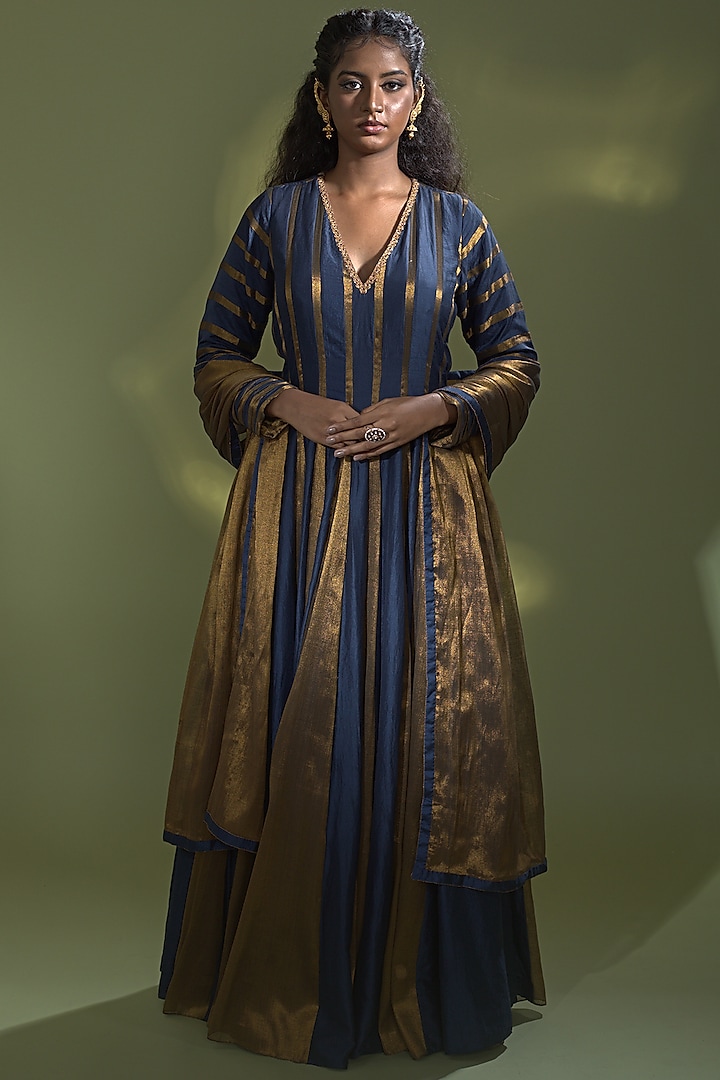 Deep Blue Chinya Silk Kalidar Anarkali Set by AURUL at Pernia's Pop Up Shop