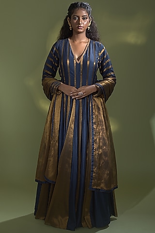 Deep Blue Chinya Silk Kalidar Anarkali Set by AURUL