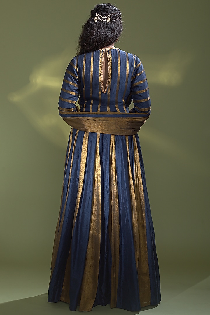 Deep Blue Chinya Silk Kalidar Wedding Anarkali Set by AURUL at Pernia's Pop Up Shop