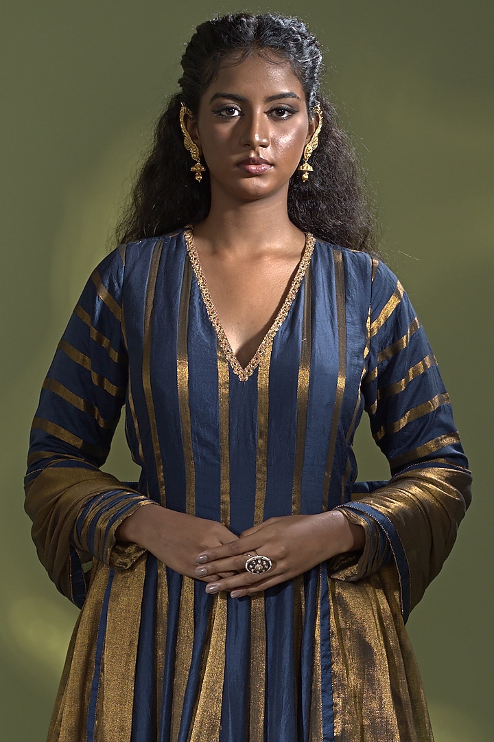 Deep Blue Chinya Silk Kalidar Wedding Anarkali Set by AURUL at Pernia's Pop Up Shop