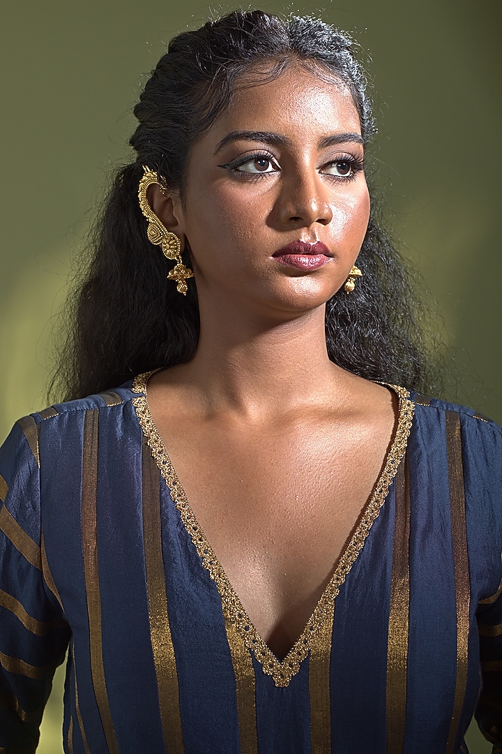 Deep Blue Chinya Silk Kalidar Wedding Anarkali Set by AURUL at Pernia's Pop Up Shop