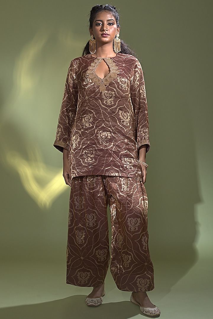 Rust Banarasi Tissue Silk Printed & Embroidered Kurta Set by AURUL at Pernia's Pop Up Shop