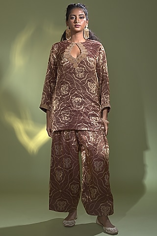 Rust Banarasi Tissue Silk Printed & Embroidered Kurta Set by AURUL