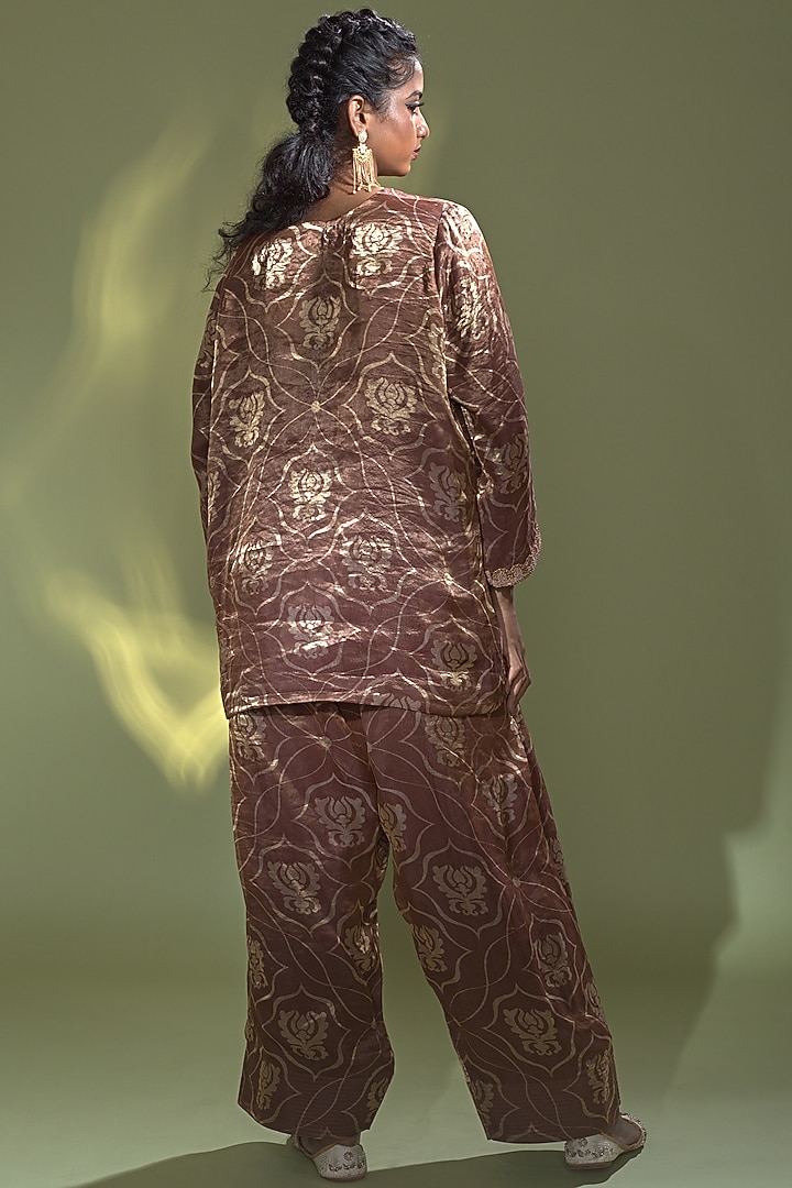 Rust Banarasi Tissue Silk Printed & Embroidered Kurta Set by AURUL at Pernia's Pop Up Shop