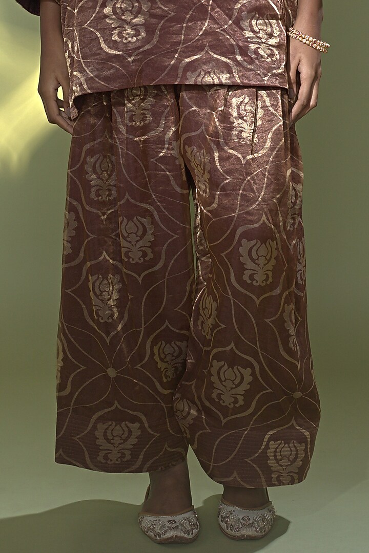Rust Banarasi Tissue Silk Printed & Embroidered Kurta Set by AURUL at Pernia's Pop Up Shop