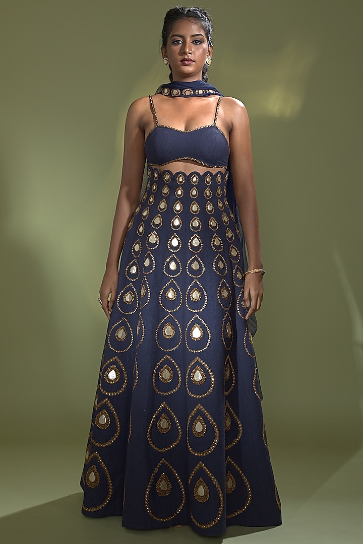 Deep Navy Blue Eri Silk Gota Embellished Wedding Lehenga Set by AURUL at Pernia's Pop Up Shop