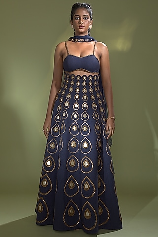 Deep Navy Blue Eri Silk Gota Embellished Lehenga Set by AURUL