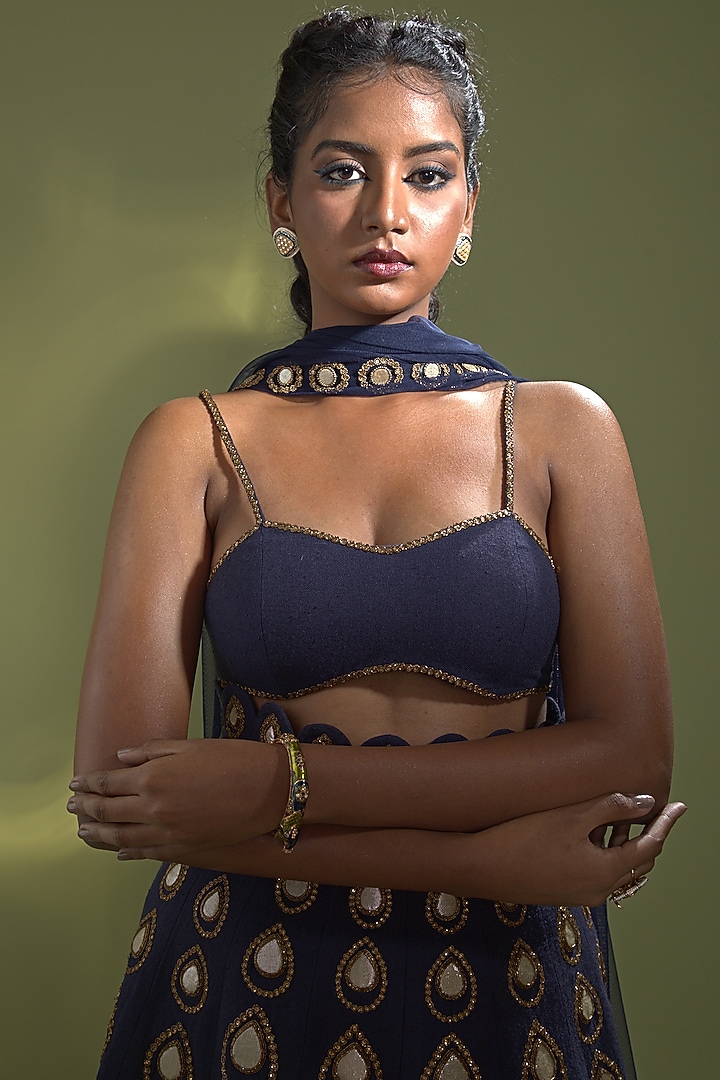 Deep Navy Blue Eri Silk Gota Embellished Wedding Lehenga Set by AURUL at Pernia's Pop Up Shop