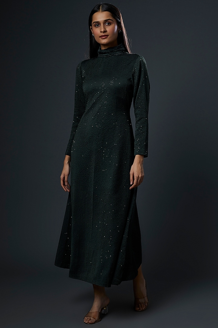 Emerald Green Embroidered Dress by AURUL