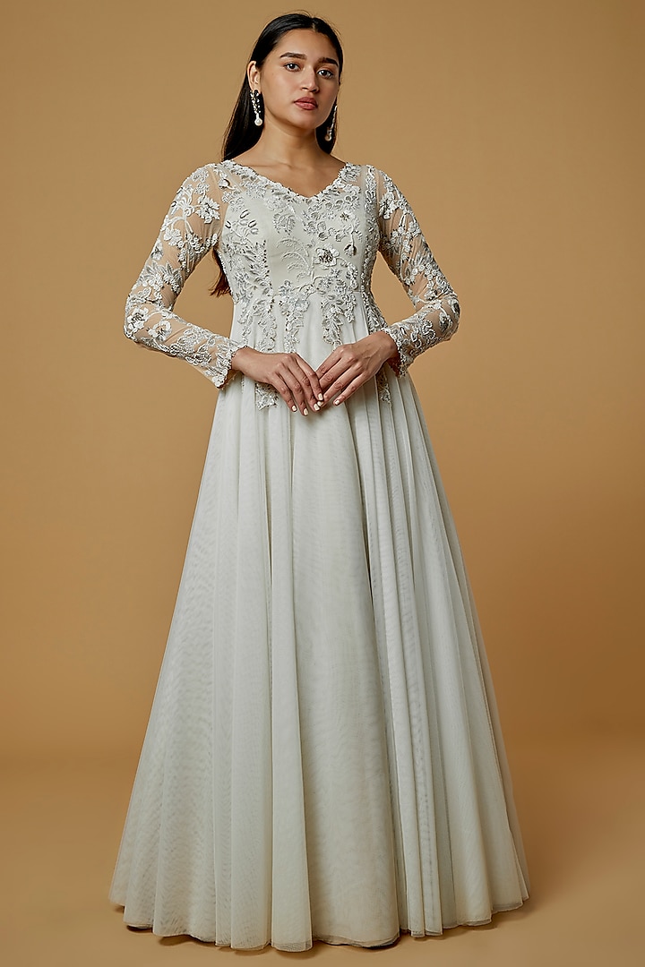 Ivory Floral Embellished Gown by AURUL