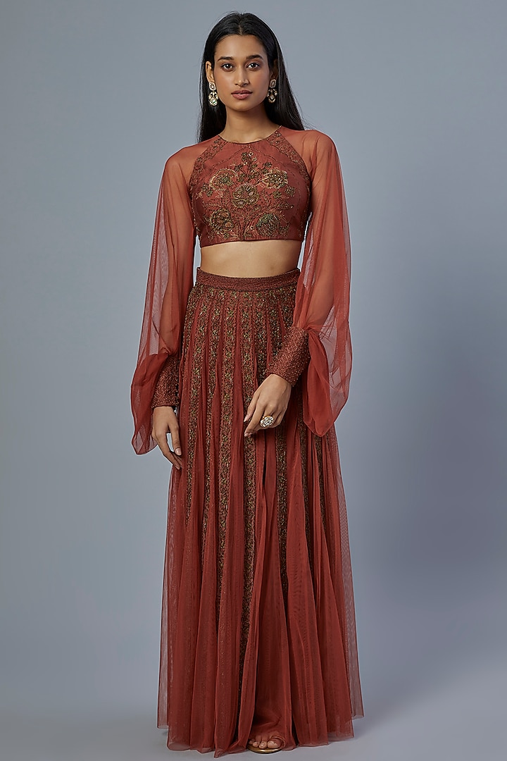 Maroon Embroidered Handcrafted Wedding Lehenga Set by AURUL at Pernia's Pop Up Shop