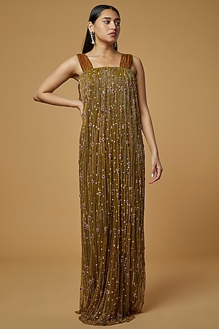 Mustard Embroidered Gown by AURUL