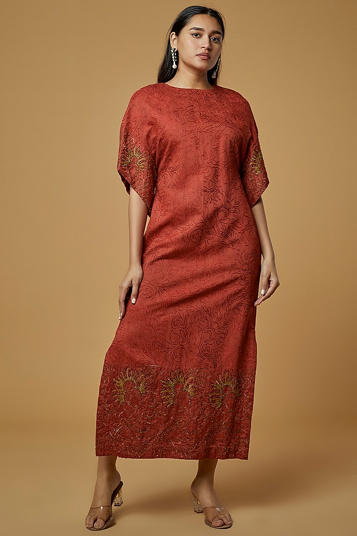 Maroon Embroidered Midi Dress by AURUL