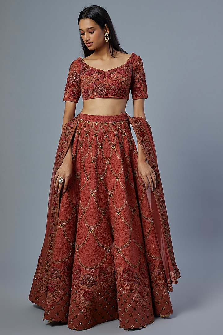 Red Embroidered Handcrafted Lehenga Set by AURUL