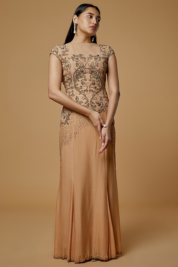 Peach Embroidered Gown by AURUL
