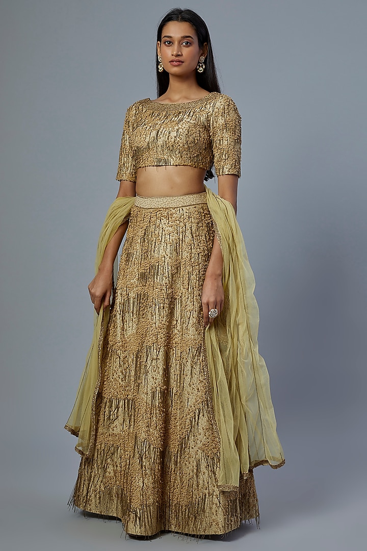 Lime Green Lehenga Set With Embroidery by AURUL