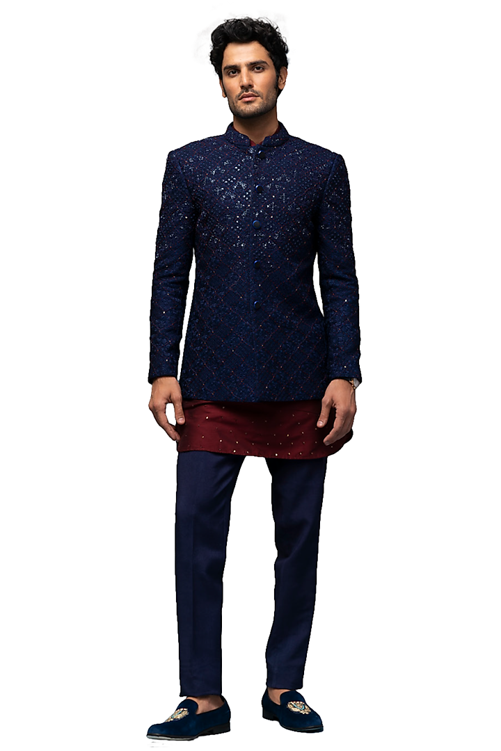 Midnight Blue Embroidered Bandhgala Jacket Set by ASUKA