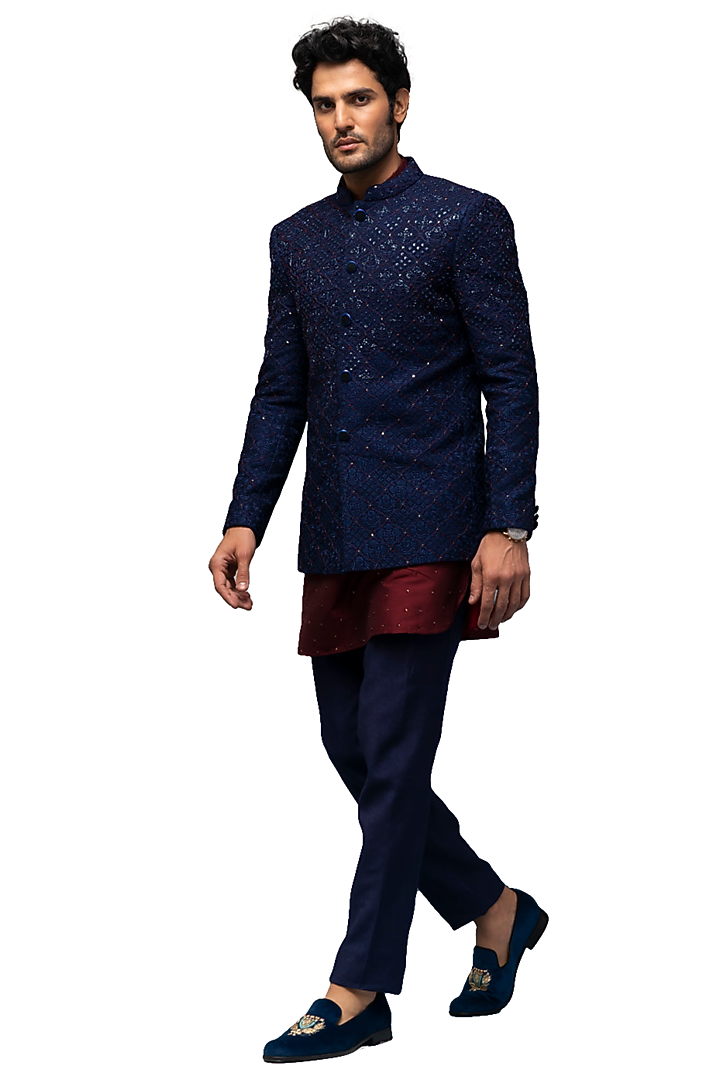Midnight Blue Embroidered Wedding Bandhgala Jacket Set by ASUKA at Pernia's Pop Up Shop