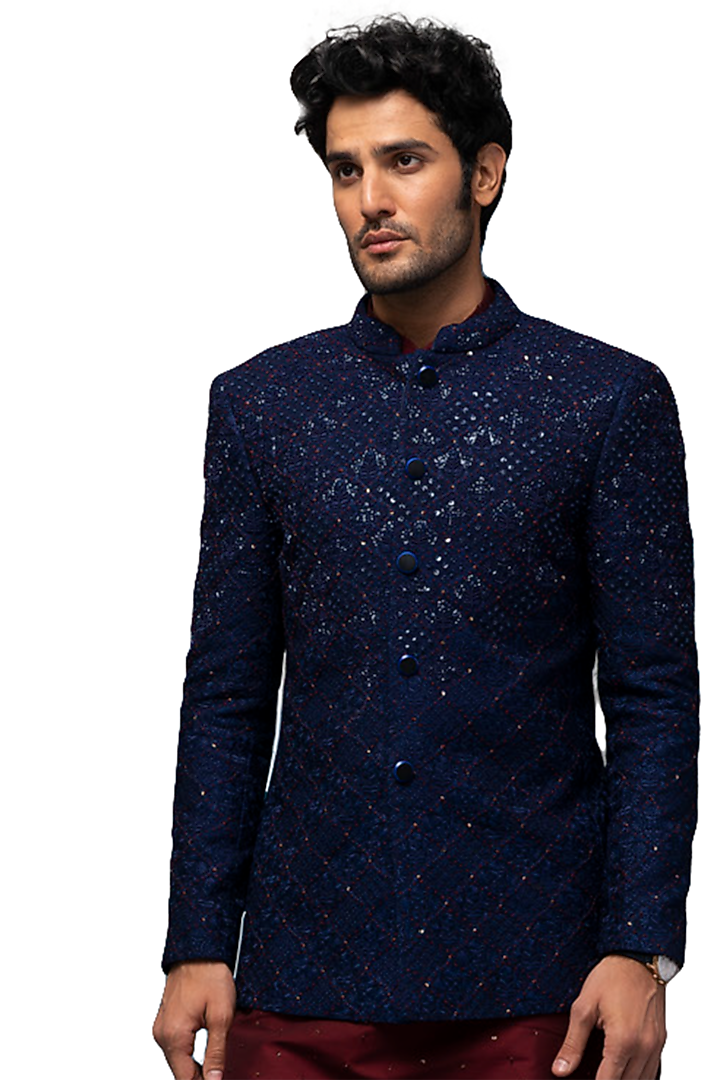 Midnight Blue Embroidered Wedding Bandhgala Jacket Set by ASUKA at Pernia's Pop Up Shop