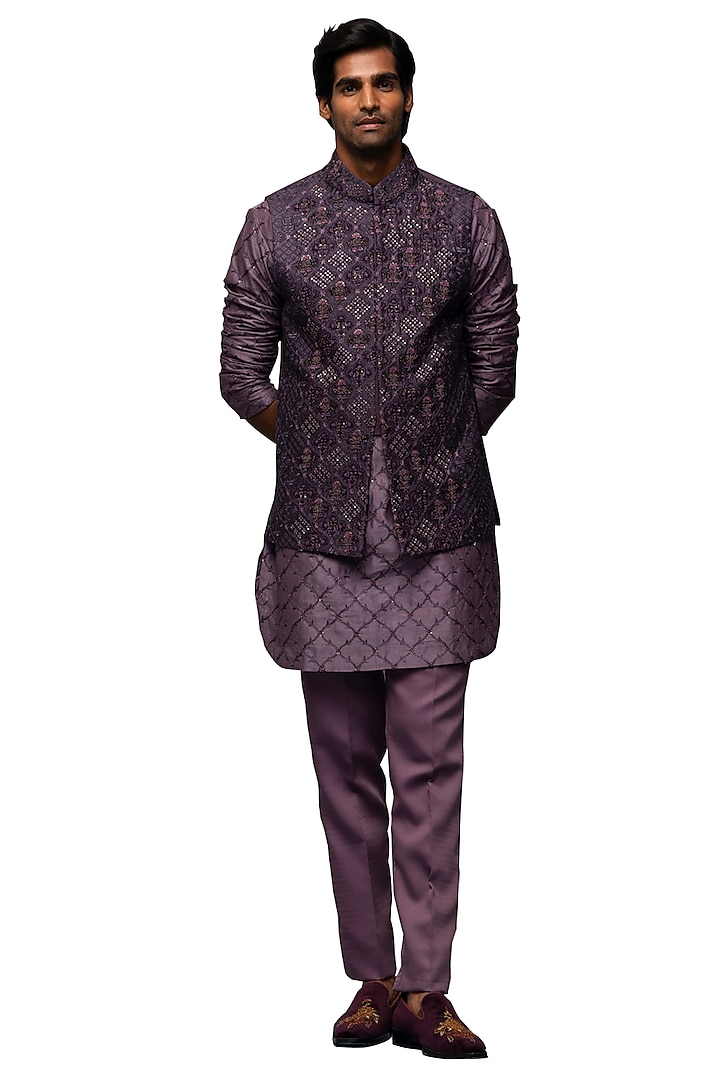 Twilight Lavender Embroidered Bundi Jacket With Kurta Set by ASUKA