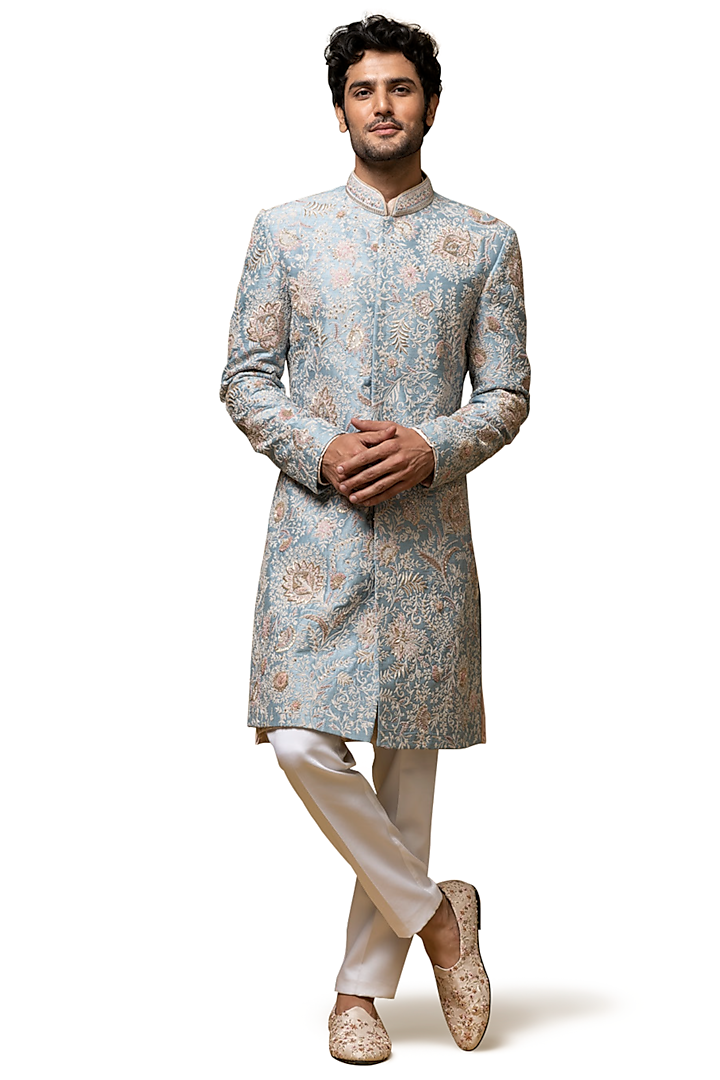 Empyrean Sky Blue Raw Silk Dabka Embroidered Groom Sherwani Set by ASUKA at Pernia's Pop Up Shop