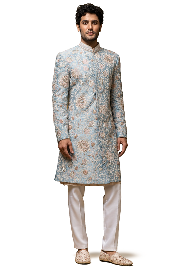 Empyrean Sky Blue Raw Silk Dabka Embroidered Groom Sherwani Set by ASUKA at Pernia's Pop Up Shop