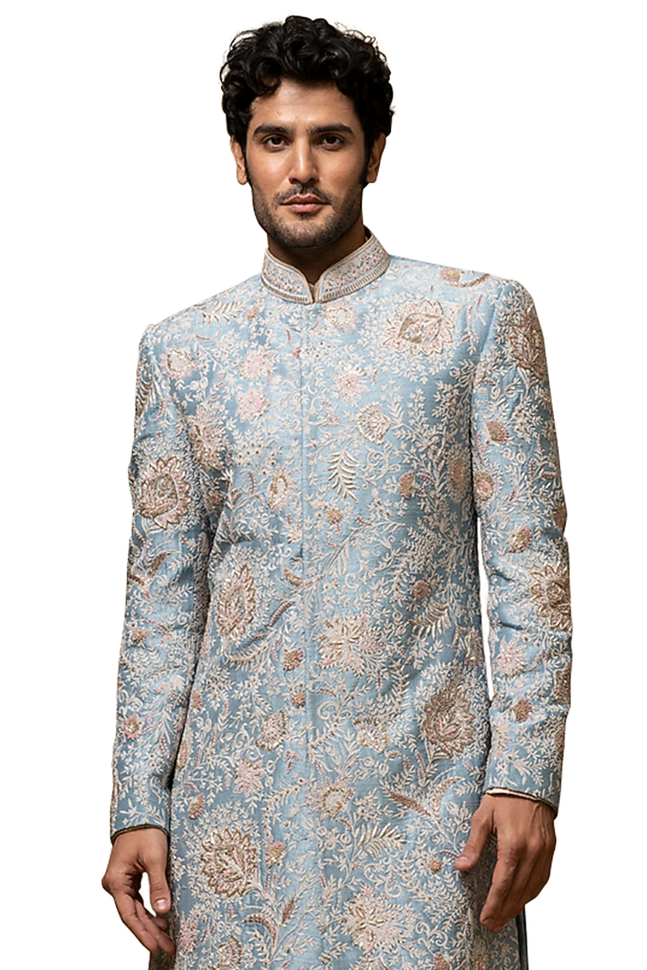 Empyrean Sky Blue Raw Silk Dabka Embroidered Groom Sherwani Set by ASUKA at Pernia's Pop Up Shop