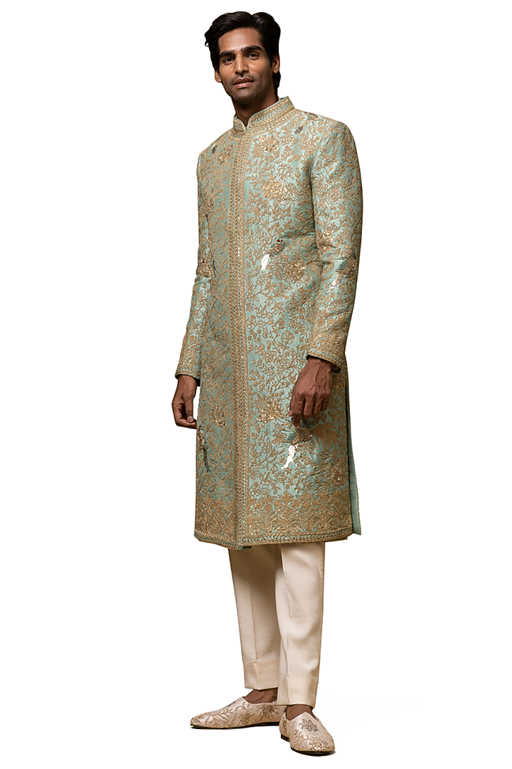 Chartreuse Green Raw Silk Dori Embroidered Groom Sherwani Set by ASUKA at Pernia's Pop Up Shop