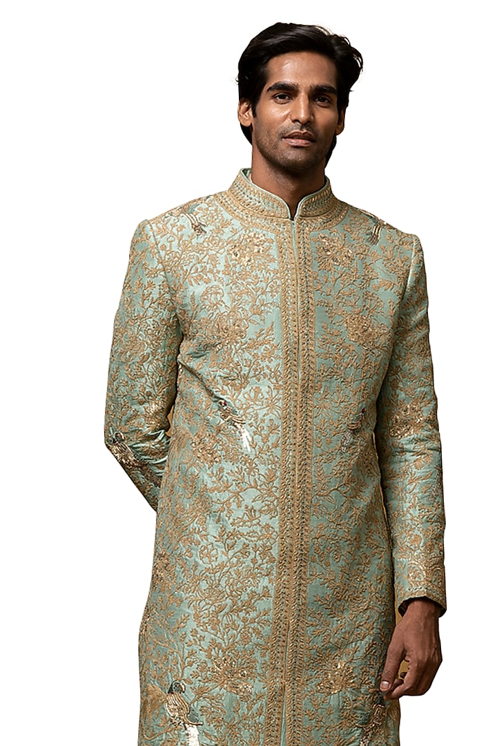 Chartreuse Green Embroidered Sherwani Set Design by ASUKA at