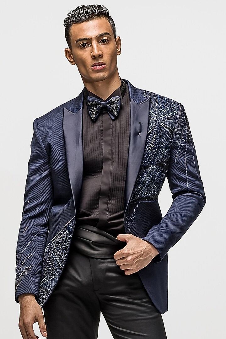 Midnight Blue Hand Embroidered Blazer Set by ASUKA at Pernia's Pop Up Shop