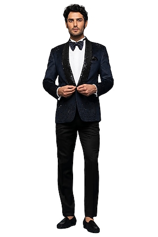 Navy Blue Foil Suede Velvet Embellished Blazer Set by ASUKA