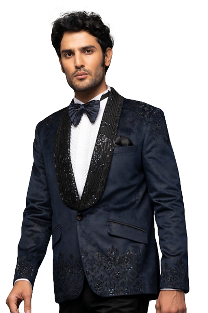 Navy Blue Foil Suede Velvet Embellished Blazer Set by ASUKA at Pernia's Pop Up Shop