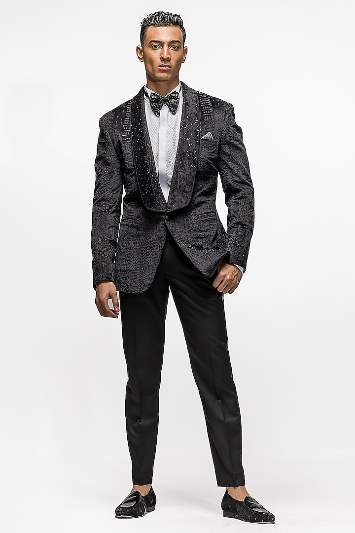 Charcoal Grey Embroidered Tuxedo Set by ASUKA
