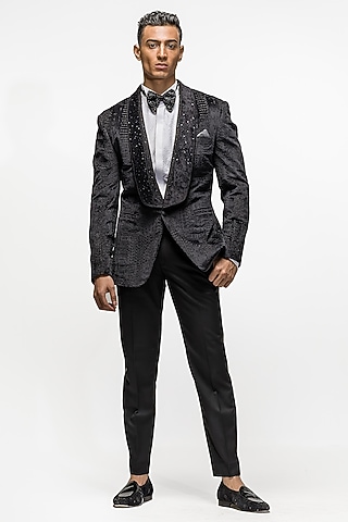 Charcoal Grey Embroidered Tuxedo Set by ASUKA