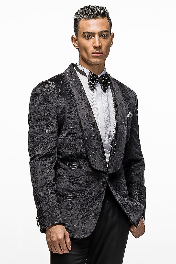 Charcoal Grey Embroidered Tuxedo Set by ASUKA at Pernia's Pop Up Shop