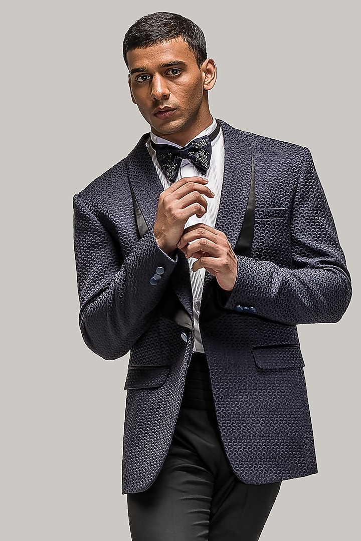 Navy Blue Woven Jacquard Tuxedo Set by ASUKA at Pernia's Pop Up Shop