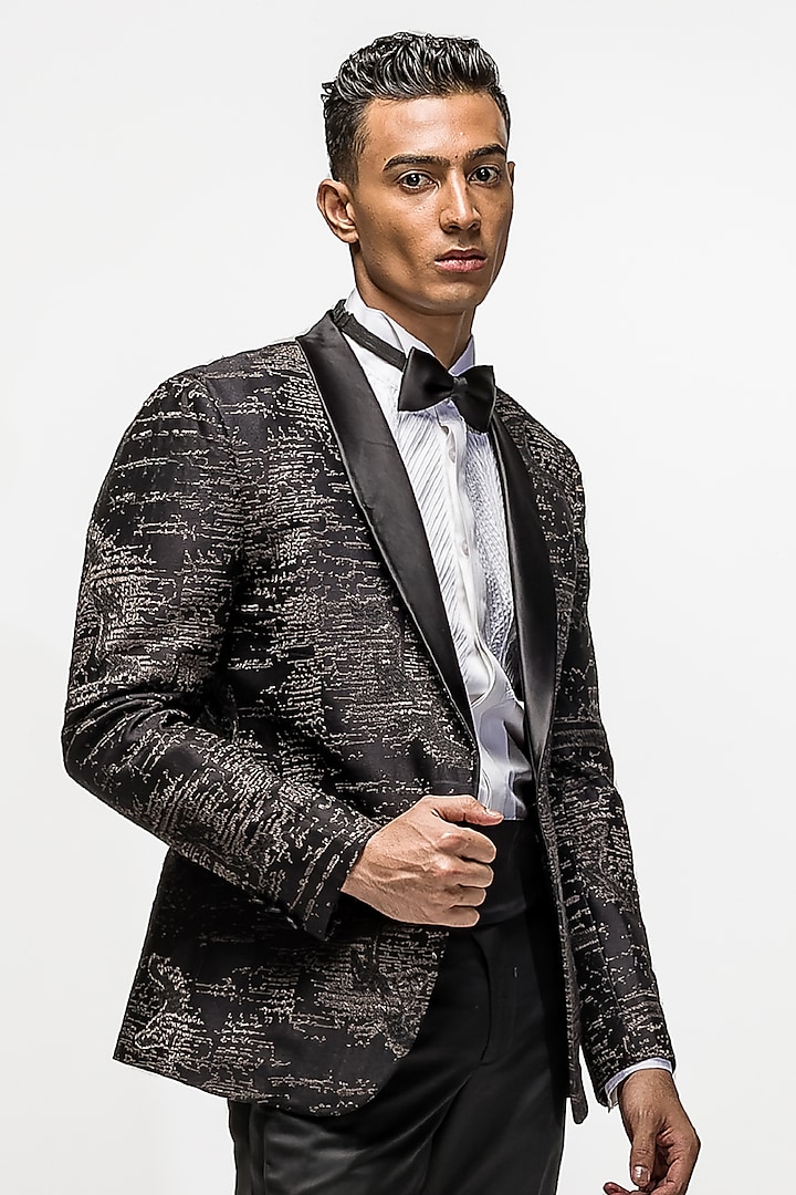 Black Silk Embroidered Tuxedo Set by ASUKA at Pernia's Pop Up Shop