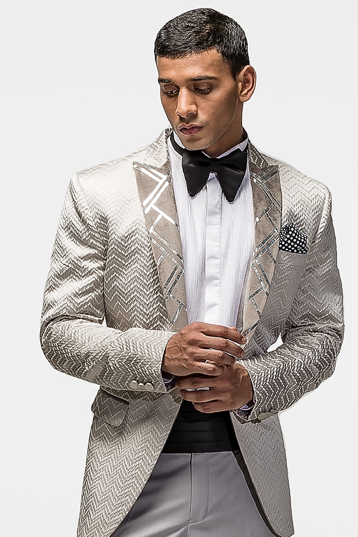 Light Grey Embroidered Tuxedo Set by ASUKA at Pernia's Pop Up Shop