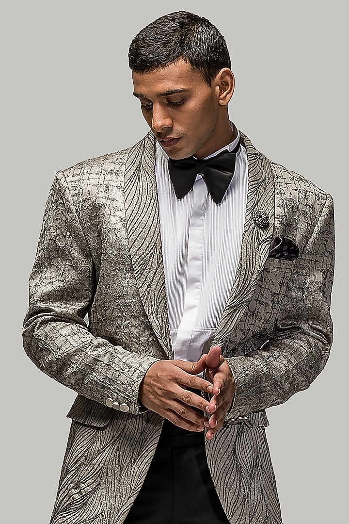 Grey Woven Jacquard Blazer Set by ASUKA at Pernia's Pop Up Shop