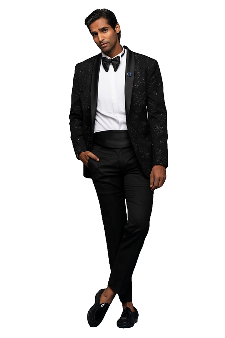 Black Terry Wool Embroidered Tuxedo Set by ASUKA