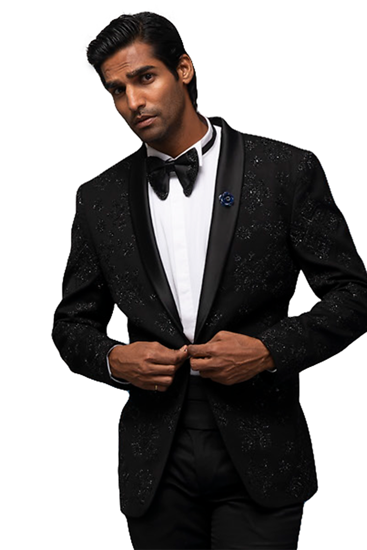 Black Terry Wool Embroidered Tuxedo Set by ASUKA at Pernia's Pop Up Shop