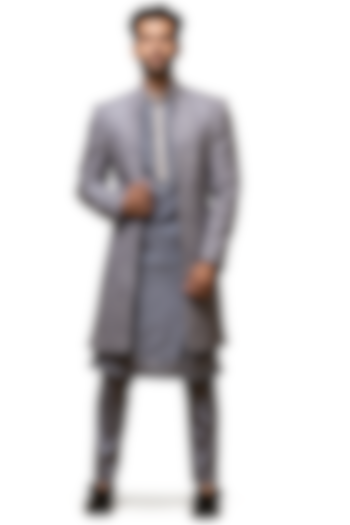 Gunmetal Grey Chanderi Silk Mirror & Dabka Embellished Wedding Indowestern Set by ASUKA at Pernia's Pop Up Shop