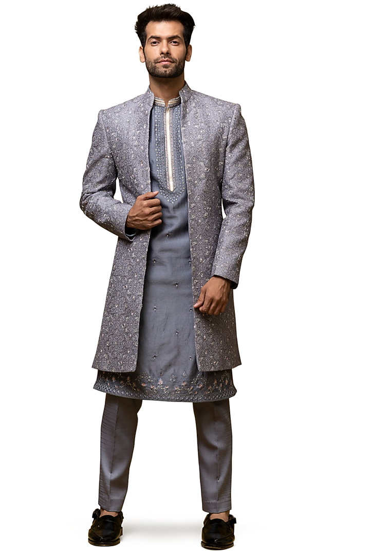Gunmetal Grey Chanderi Silk Mirror & Dabka Embellished Wedding Indowestern Set by ASUKA at Pernia's Pop Up Shop