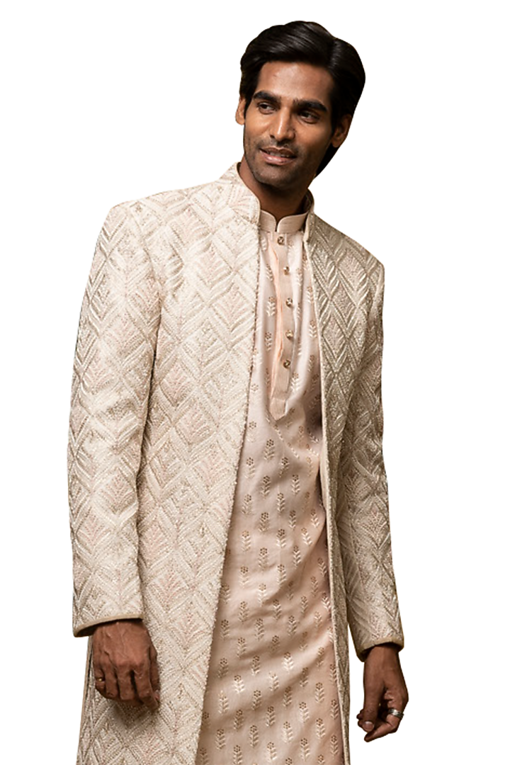 Beige Chanderi Silk Zari Embroidered Wedding Indowestern Set by ASUKA at Pernia's Pop Up Shop