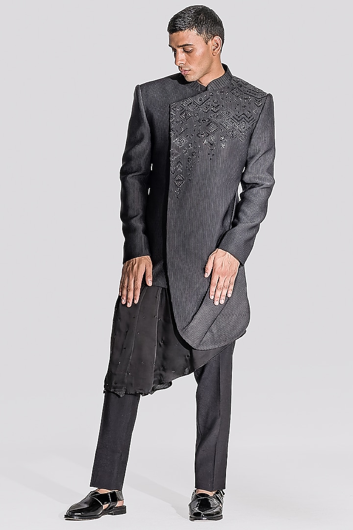 Black Cotton Silk Embroidered Indowestern Set by ASUKA
