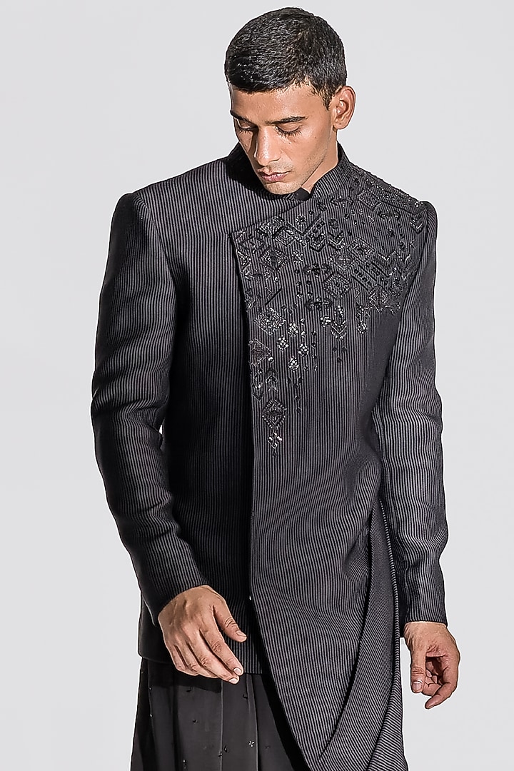 Black Cotton Silk Embroidered Wedding Indowestern Set by ASUKA at Pernia's Pop Up Shop
